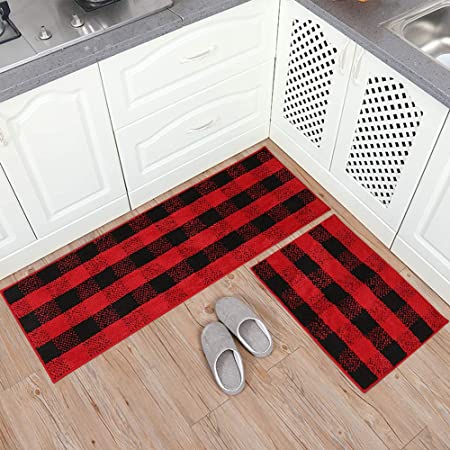 Carvapet 2 Pieces Buffalo Plaid Check Rug Set Water Absorb Microfiber Non-Slip Kitchen Rug Bathroom Mat Checkered Doormat Carpet for Laundry 17"x48"+17"x24", Black and White