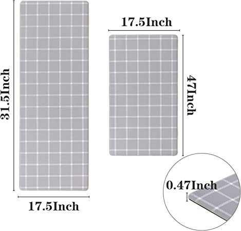 QUILTINA Kitchen Mats 2 PCS Kitchen Rugs Non Skid, 1/2 in Thick Cushioned Anti Fatigue Mats for Floor, Plaid Grey Kitchen Runner Rugs Water Proof & Stain Resistant 17.5''x30''+17.5''x47'', Grey Grid