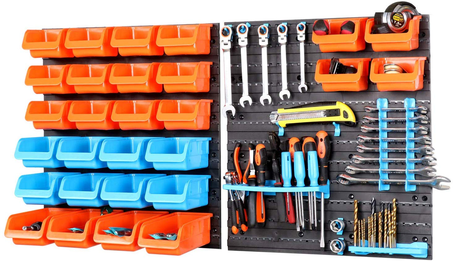 Home Garage Wall Mounted Organizer Storage Rack With Bins - 44 Pieces