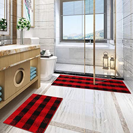 Carvapet 2 Pieces Buffalo Plaid Check Rug Set Water Absorb Microfiber Non-Slip Kitchen Rug Bathroom Mat Checkered Doormat Carpet for Laundry 17"x48"+17"x24", Black and White