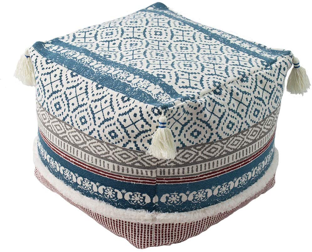Boho Tufted Decorative Unstuffed Pouf - Farmhouse Casual Ottoman Pouf Cover with Big Tassels, Handwoven Foot Rest