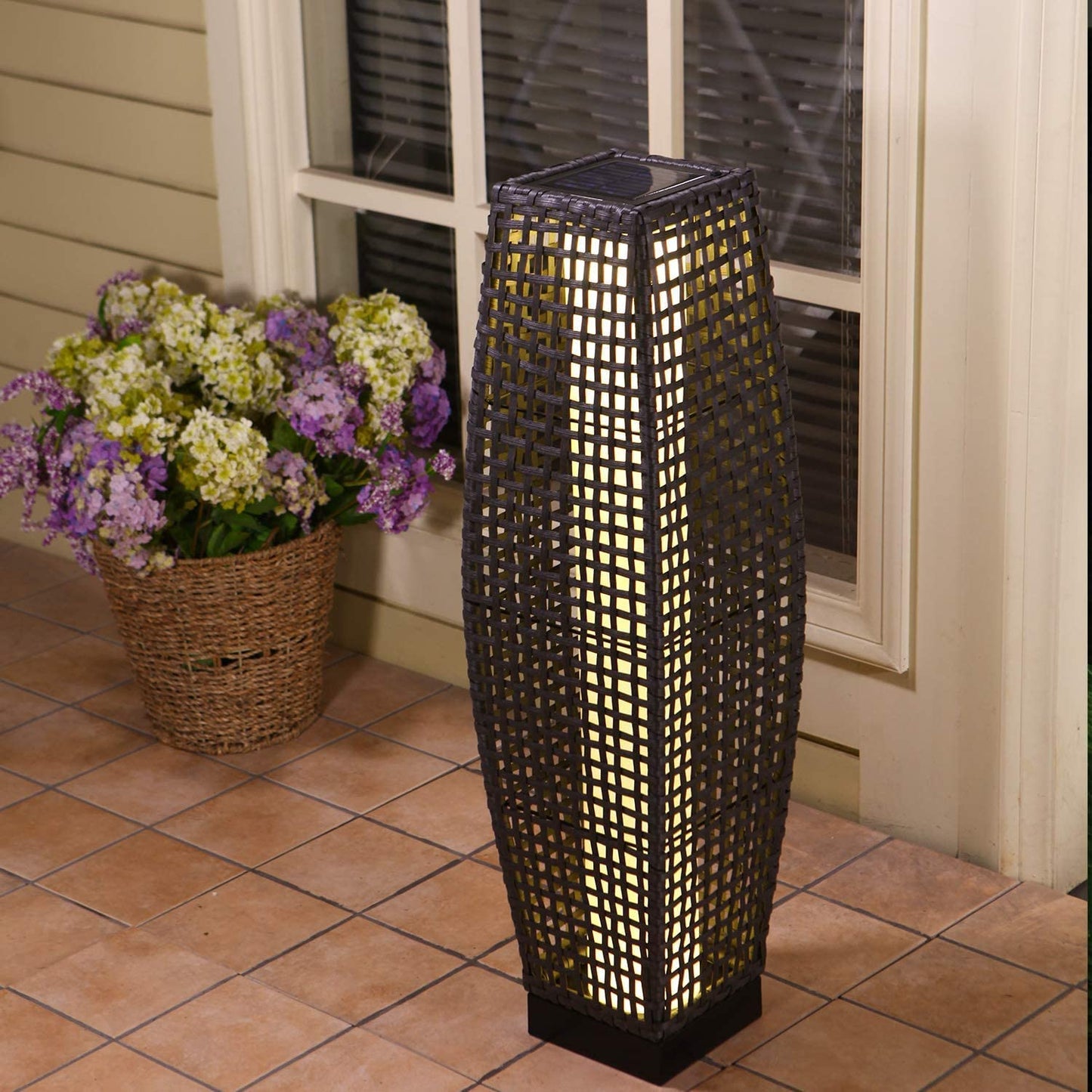 Grey Patio Outdoor Solar-Powered Woven Resin Wicker Lantern Floor Lamp