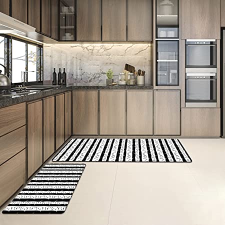 Artnice Anti-Fatigue 2 Piece, Modern Geometric Criss Cross Pattern Kitchen Rugs, Ergonomic PVC Memory Foam Kitchen Floor Mats for Standing Sink, Bathroom, Laundry, Black and White