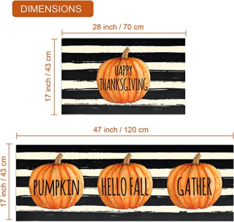 Fall Pumpkin Kitchen Mat Set of 2 Non Slip Thick Kitchen Rugs and Mats for Floor Comfort Standing Mats for Kitchen, Sink, Office, Laundry, 17"x47"+17"x28"