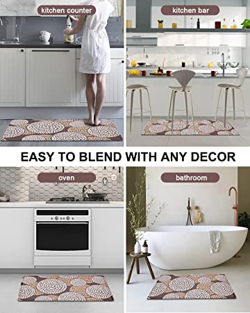 Artnice Kitchen Floor Mats 2 Piece,Floral Anti Fatigue Kitchen Rugs,Cushioned PVC Kichen Rugs and Mats,Waterproof Non Slip Comfort Kitchen Runner Rugs for Sink,Laundry,Workshop,Brown
