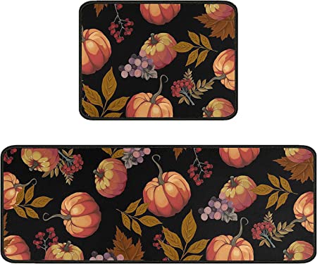 Fall Pumpkin Sets of 2,Thanksgiving Farmhouse Kitchen Rugs Decoration Rubber Backing Non-Slip Floor Mat for Sink Waterproof Laundry Room Rugs Runner,Black 17x24+17x48inch
