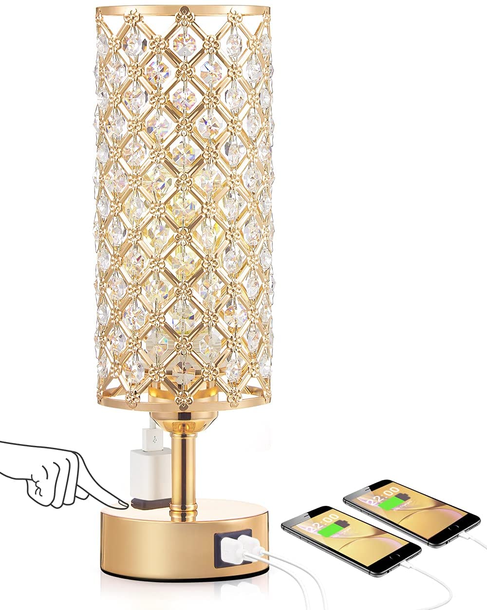 tuba Crystal Touch Control Table Lamp with Dual Fast Quick USB Ports Acaxin 3-Way Dimmable Accent Bedside Light with Bulb