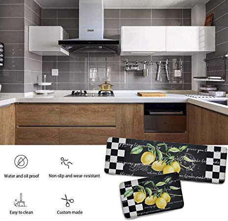 rocxemly Lemon Kitchen Mat Set of 2 Black and White Plaid Kitchen Rug Sets 17''x48''+17''x24'' Comfort Standing Mats Waterproof Stain Resistance Non Slip Kitchen Carpet