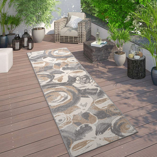 Ravenna Modern Large Floral Flowers Indoor/Outdoor Runner Rug Gray