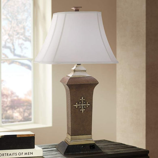 Hilda Bronze Leather Resin Table Lamp with Convenience Outlet