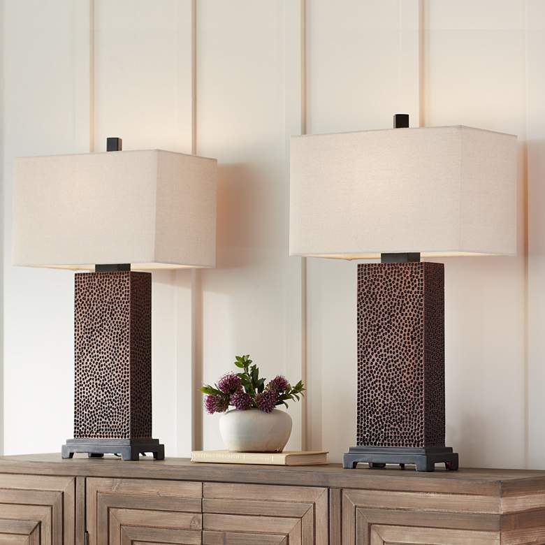 Caldwell Textured Column Bronze Table Lamps Set of 2