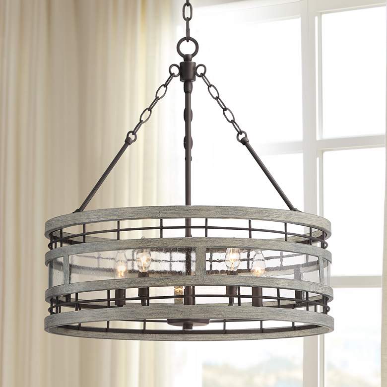 Barnum 24"W Bronze and Gray Wood 5-Light Drum Pendant Light