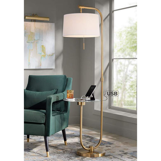 Possini Euro Volta Antique Brass USB Tray Table Floor Lamp