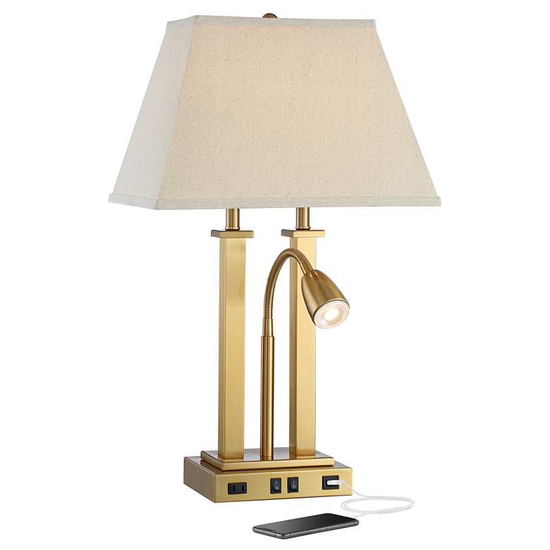 Deacon Bronze Gooseneck Desk Lamp with USB Port and Outlet