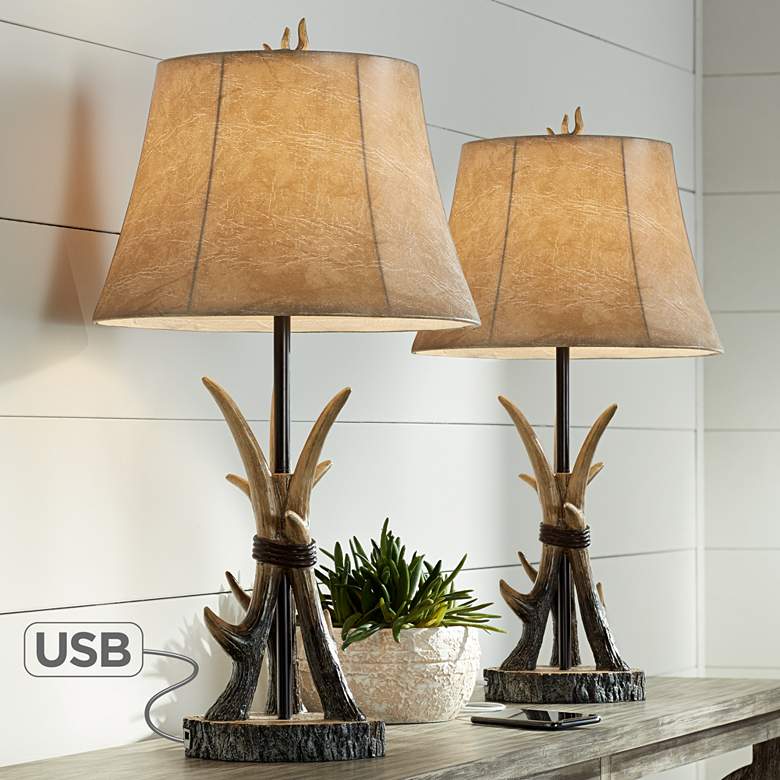 Western Rustic Antler USB Table Lamps Set of 2