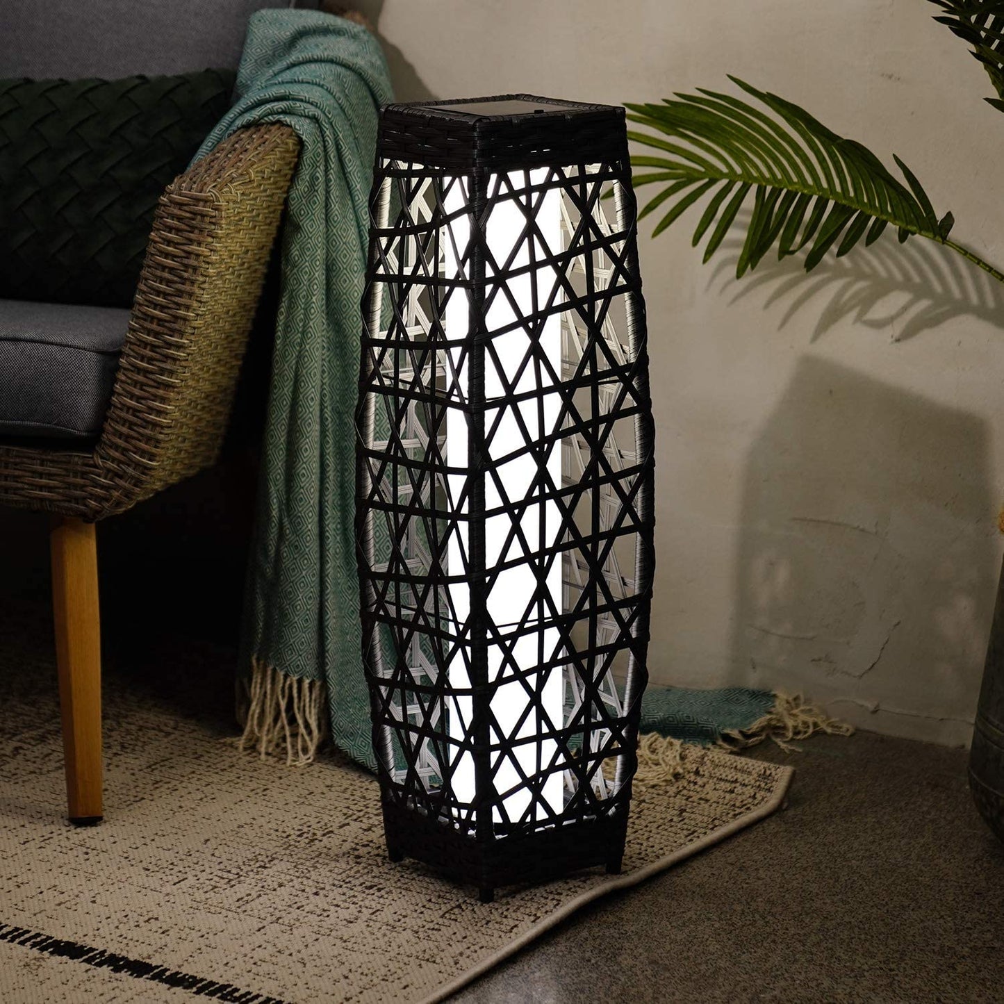 Grey Patio Outdoor Solar-Powered Woven Resin Wicker Lantern Floor Lamp