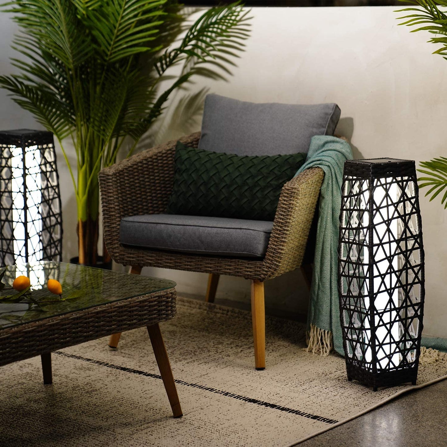 Grey Patio Outdoor Solar-Powered Woven Resin Wicker Lantern Floor Lamp