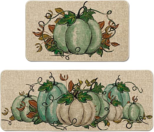 Artoid Mode Fall Teal Pumpkins Decorative Kitchen Mats Set of 2, Autumn Thanksgiving Harvest Vintage Low-Profile Floor Mat 17x29 and 17x47 Inch