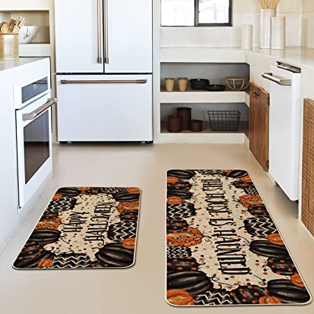 Artoid Mode Pumpkins This House is Haunted Happy Halloween Decorative Kitchen Mats Set of 2, Seasonal Low-Profile Floor Mat 17x29 and 17x47 Inch