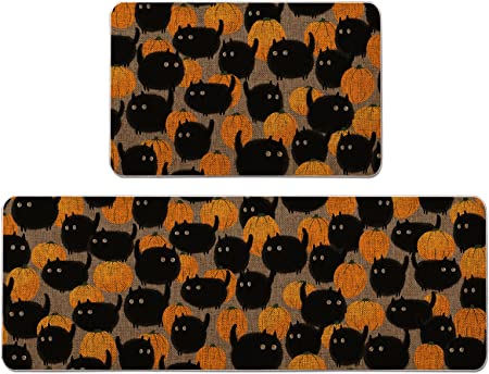 Halloween Kitchen Rug Pumpkins Cat Kitchen Mats Set of 2, Halloween Holiday Farmhouse Party Floor Mat for Home Kitchen Bathroom Decorations - 17x27 and 17x47 Inch