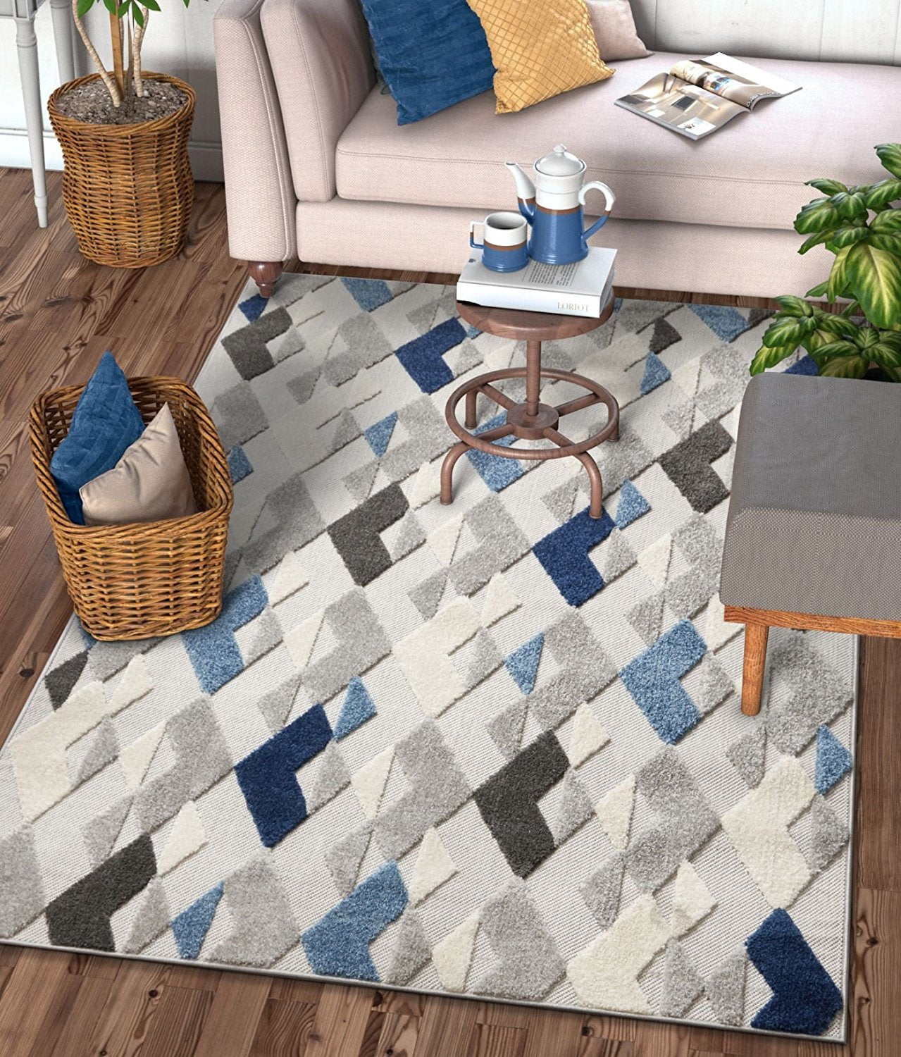 Diamond Blue Gray White High Traffic Stain Resistant Indoor Outdoor Area Rug