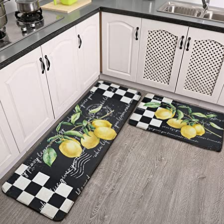 rocxemly Lemon Kitchen Mat Set of 2 Black and White Plaid Kitchen Rug Sets 17''x48''+17''x24'' Comfort Standing Mats Waterproof Stain Resistance Non Slip Kitchen Carpet