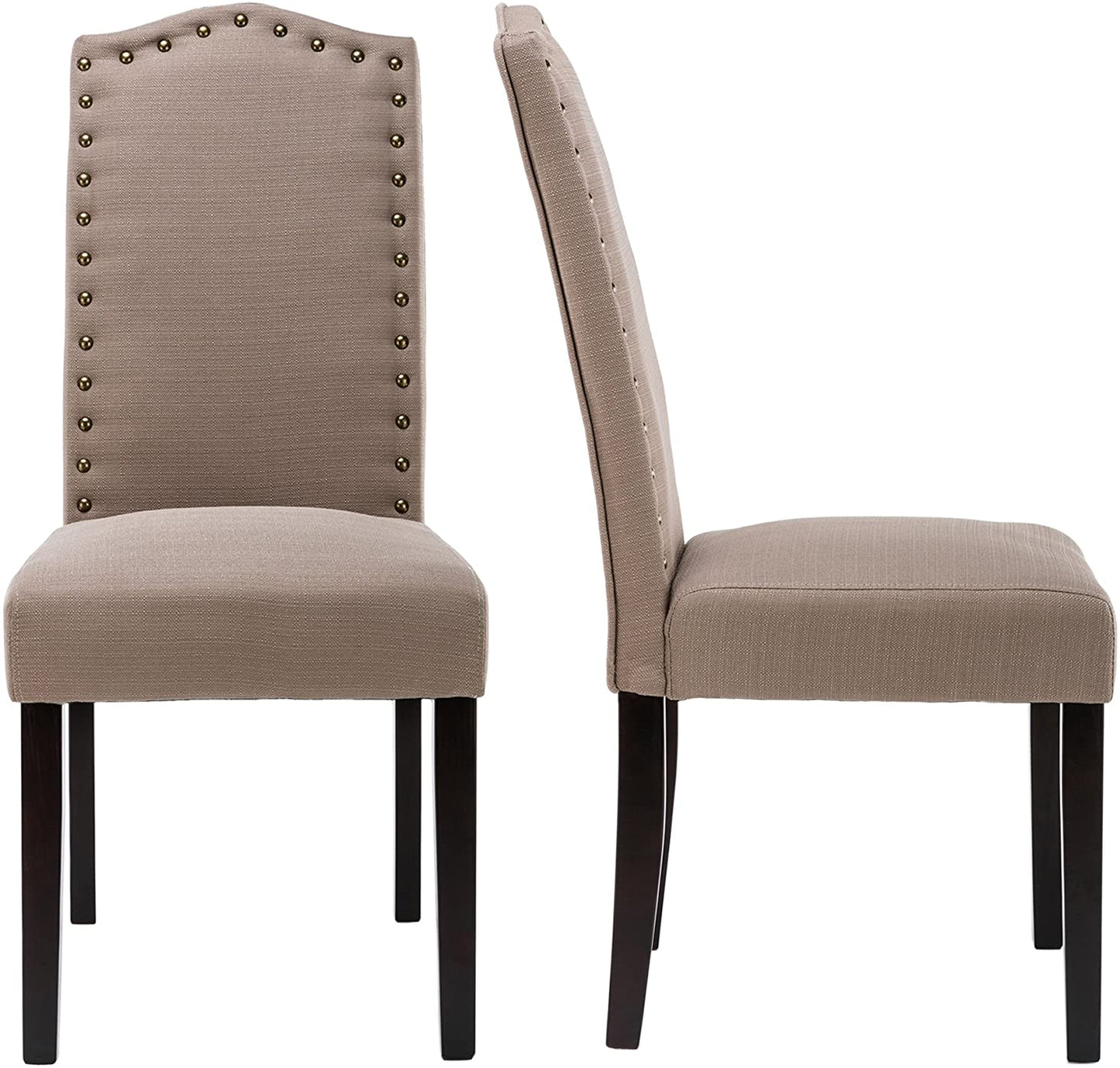 Set of 2 Luxurious Fabric Dining Chairs with Copper Nails and Solid Wood Legs (Light Gray)