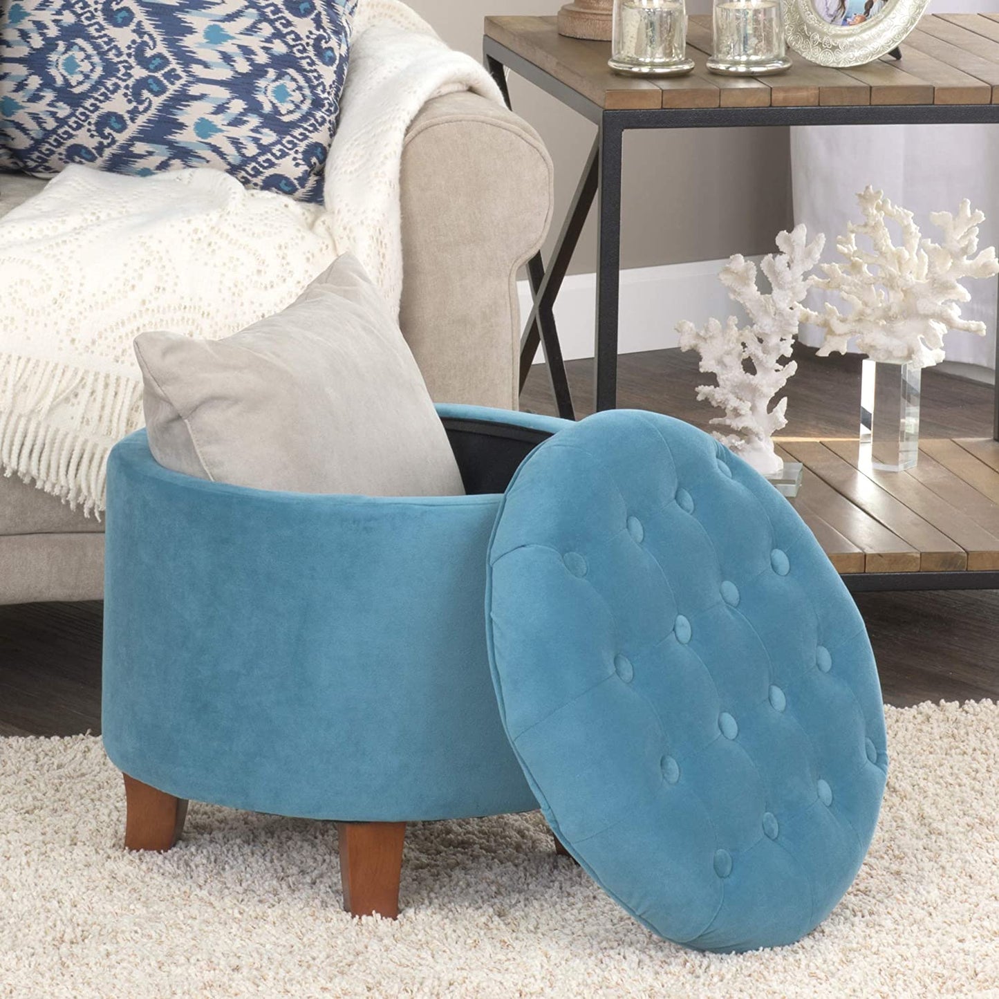 Fabric Upholstered Round Storage Ottoman - Velvet Button Tufted with Removable Lid