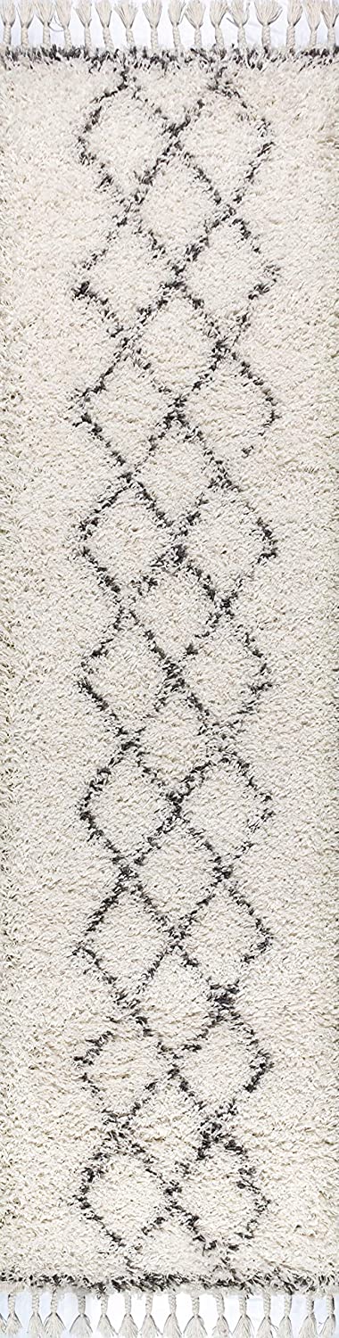 Mercer Plush Tassel Moroccan Tribal Geometric Trellis Area Rugs, Cream/Grey