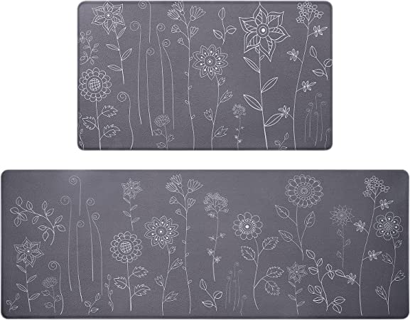 Kitchen Rugs and Mats Cushioned Anti Fatigue, WHTOR 2 PCS Non Skid Kitchen Runner Rugs, Waterproof Memory Foam Kitchen Floor Mat, Standing Desk Mat for House, Sink, Office, Kitchen (Gray)