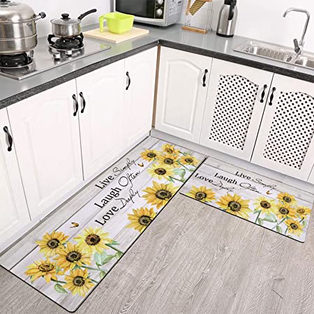 U'Artlines Sunflower Set of 2 Non Slip Kitchen Rugs and Mats Rubber Backing Kitchen Floor Mats Farmhouse Kitchen Rugs Runner Comfort Standing Mat for Kitchen Laundry Room (H Offwhite)