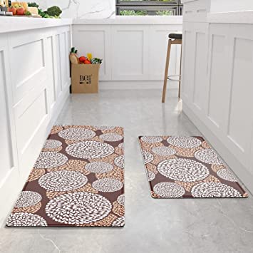 Artnice Kitchen Floor Mats 2 Piece,Floral Anti Fatigue Kitchen Rugs,Cushioned PVC Kichen Rugs and Mats,Waterproof Non Slip Comfort Kitchen Runner Rugs for Sink,Laundry,Workshop,Brown