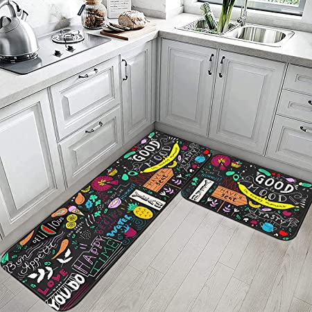 Tayney Black Non Skid Washable Set of 2, Good Mood Funny Chalkboard Doodle Kitchen Runner Rug, Abstract Cute Cartoon Under Sink Mats for Kitchen Floor Decor