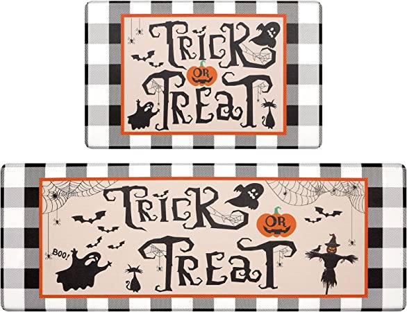 Pauwer Happy Halloween Set of 2, Anti Fatigue Kitchen Rugs Fall Decor, Non Slip Pumpkin Kitchen Runner Rug Set, Cushioned Waterproof Kitchen Foam Mat for Floor