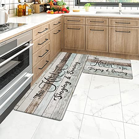 HEBE Farmhouse Anti Fatigue Kitchen Mats Set of 2 Thick Cushioned Kitchen Rugs and Mats Set with Runner Waterproof Non Slip Comfort Floor Rug Carpet for Kitchen Sink,Laundry