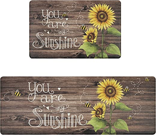 2 Piece Cushioned Kitchen Rugs and Mats Sunflower Spring Anti Fatigue Kitchen Mat Set Non Slip Waterproof PVC Standing Kitchen Runner Mat 17”x28”+17”x47”