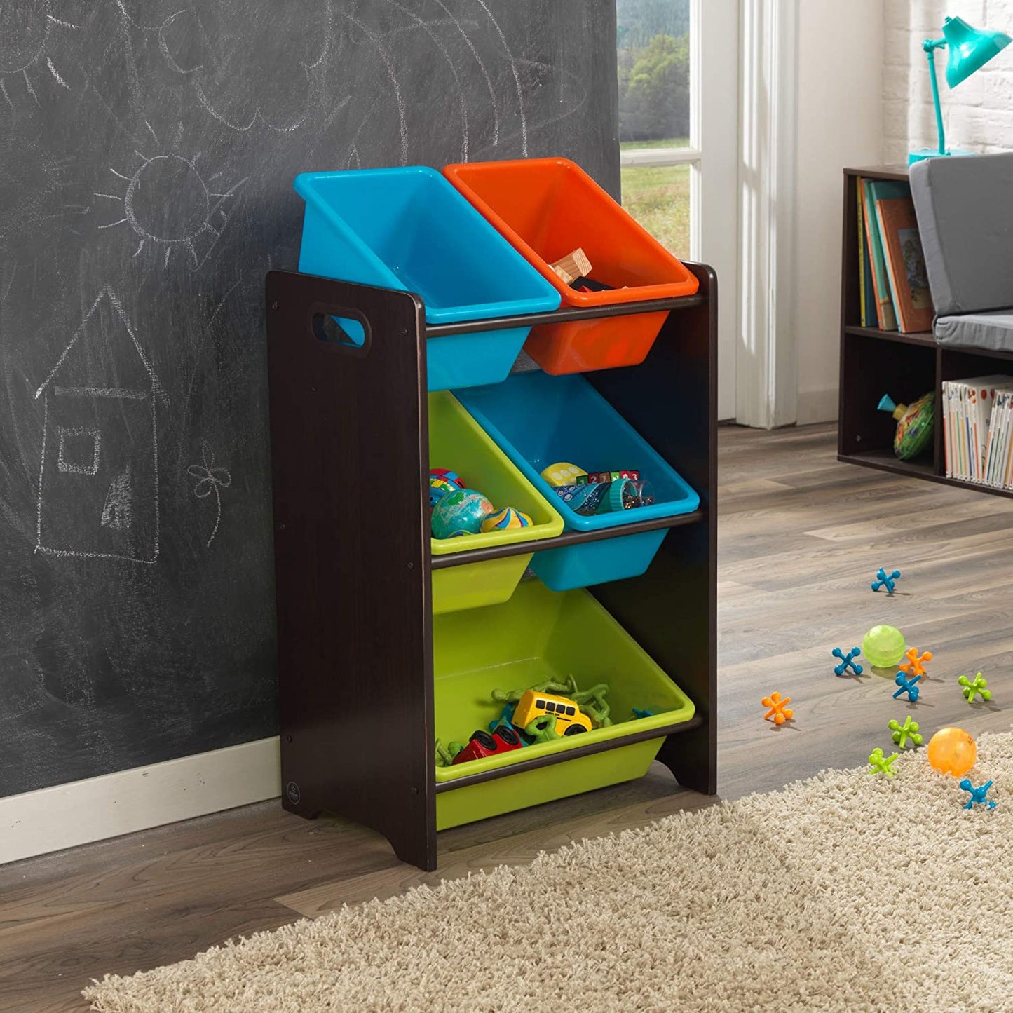 Wooden Children's Toy Storage Unit with Five Plastic Bins - Brights