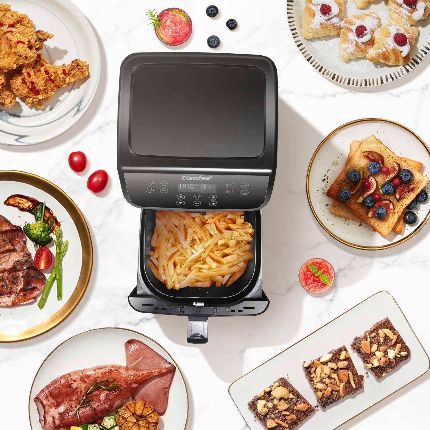 COMFEE' 5.8Qt Digital Air Fryer, Toaster Oven & Oilless Cooker, 1700W with  8 Preset Functions, LED Touchscreen, Shake Reminder, Non-stick Detachable
