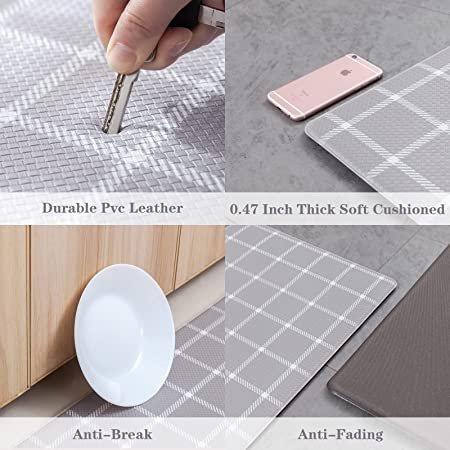 QUILTINA Kitchen Mats 2 PCS Kitchen Rugs Non Skid, 1/2 in Thick Cushioned Anti Fatigue Mats for Floor, Plaid Grey Kitchen Runner Rugs Water Proof & Stain Resistant 17.5''x30''+17.5''x47'', Grey Grid