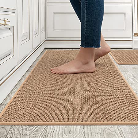 MontVoo Kitchen Rugs and Mats Washable [2 PCS] Non-Skid Natural Rubber Kitchen Mats for Floor Runner Rugs Set for Kitchen Floor Front of Sink, Hallway, Laundry Room 17"x30"+17"x47" (Oats)