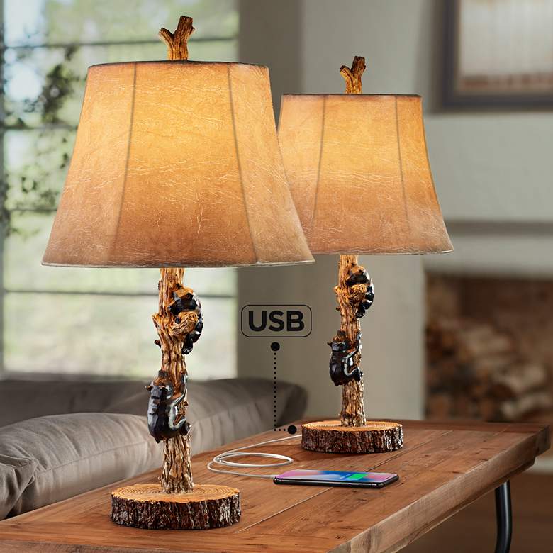 Climbing Bears Rustic Style USB Table Lamps Set of 2