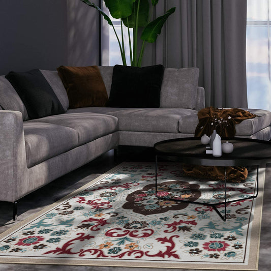 Modern Floral Low Profile Pile Indoor Area Rugs Beige