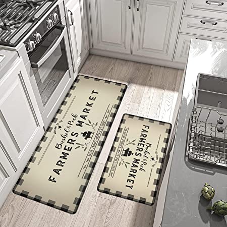 Falflor Farmhouse Kitchen Rugs 2PCS Anti-Fatigue Cushioned Kitchen Rugs and Mats Non Slip Standing Floor Mats Thick Foam Standing Mat for Kitchen Sink Office(Grey)
