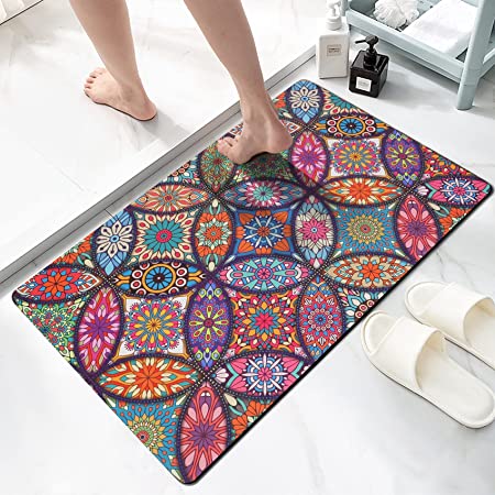 MOIAVAN Mandala Cushioned Kitchen Mat Non Slip, Super Absorbent Quick Dry Thin Comfort Floor Mat Low-Profile Washable Bathroom Rug for Shower Bathtub Sink Home Decoration（20"x31"）