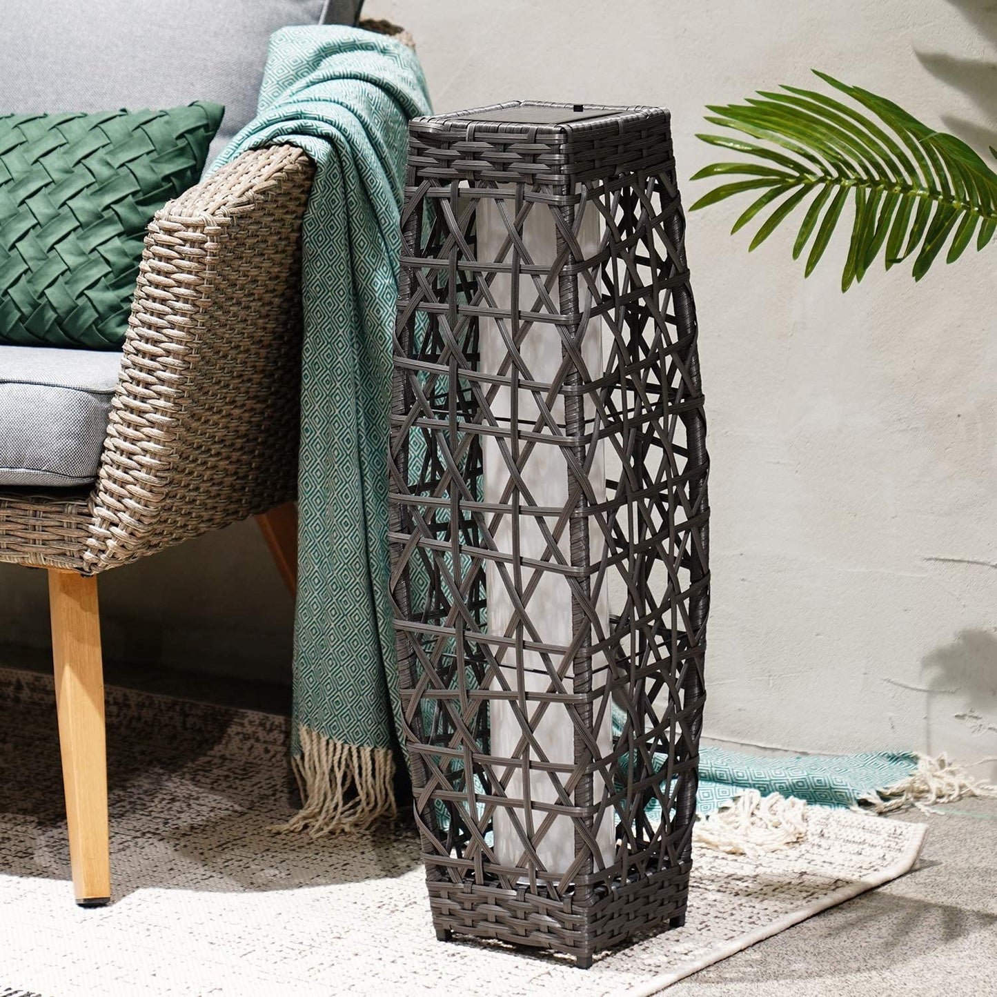 Grey Patio Outdoor Solar-Powered Woven Resin Wicker Lantern Floor Lamp