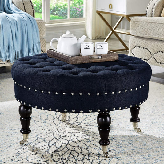 Tufted Button Linen Ottoman Coffee Table, Large Footrest with Caters Rolling Wheels