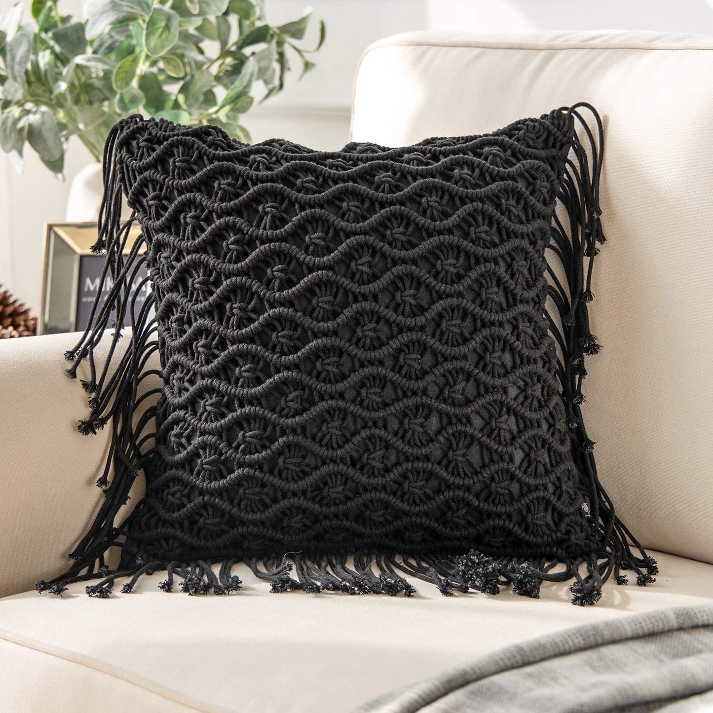 Handmade Crochet Woven Boho Throw Pillow with Tassels Cute Farmhouse Pillow Insert Included