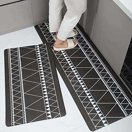 ZebraSmile 2 Pcs Boho Kitchen Runner Rugs, Anti Fatigue Kitchen Mat Set, Cushioned Non Skid Waterproof Kitchen Runner Rug, Long Comfort Standing Mat for Kitchen, Laundry Room, Black, 17X30/17X47 inch