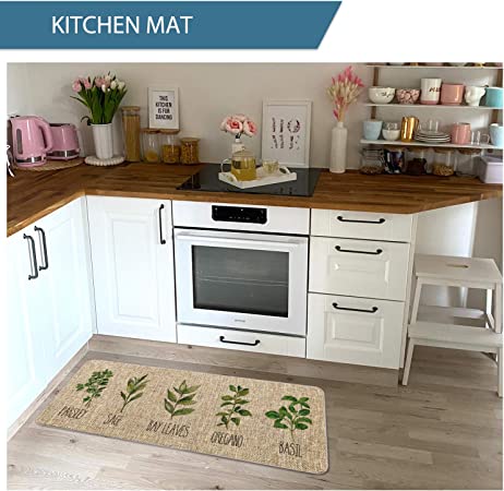 Artoid Mode Parsley Sage Oregano Basil Bay Leaves Decorative Kitchen Mats Set of 2, Seasonal Holiday Party Low-Profile Floor Mat for Home Kitchen - 17x29 and 17x47 Inch