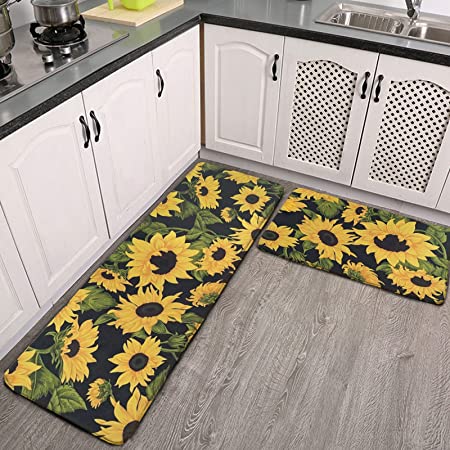 rocxemly Lemon Kitchen Mat Set of 2 Black and White Plaid Kitchen Rug Sets 17''x48''+17''x24'' Comfort Standing Mats Waterproof Stain Resistance Non Slip Kitchen Carpet